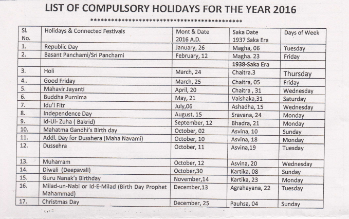 Compulsory Holidays 2016
